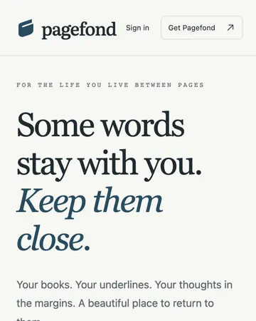 Pagefond's home screen: Some words stay with you. Keep them close.