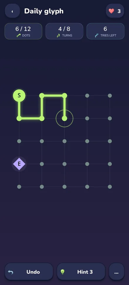 PathGlyph on a phone: the daily glyph, a five-by-five grid with a green path drawn from the start dot